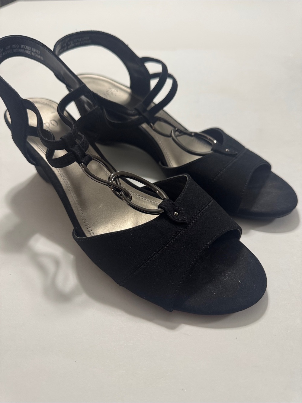 Impo Black Open-Toe Sandals with Metallic Ring Accent
